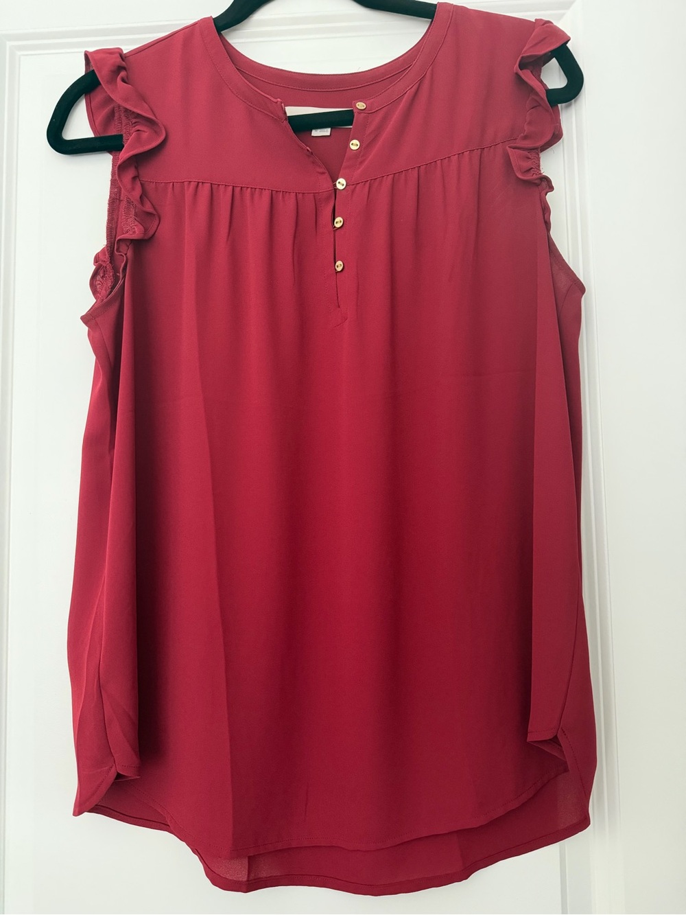 LOFT Wine Red Ruffle Sleeve Henley Blouse